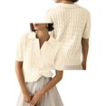 thumbnail image 3 of Women'S Cable Short Sleeve Sweaters Tops Solid Lapel V Neck Knit Casual Soft Pullover Shirt Grey White S, 3 of 6