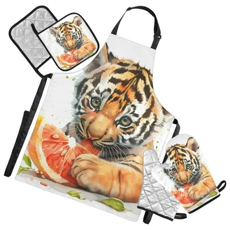 Little Cute Tiger and Lemon 5 Pcs Kitchen Set Heat Resistant Oven Mitts and Non-Slip Pot Holders with Adjustable Cooking Apron