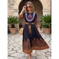 thumbnail image 2 of Women's Boho Embroidered Maxi Dress Long Sleeve Floral Printed Belted Swing Vacation Beach Dress, 2 of 8
