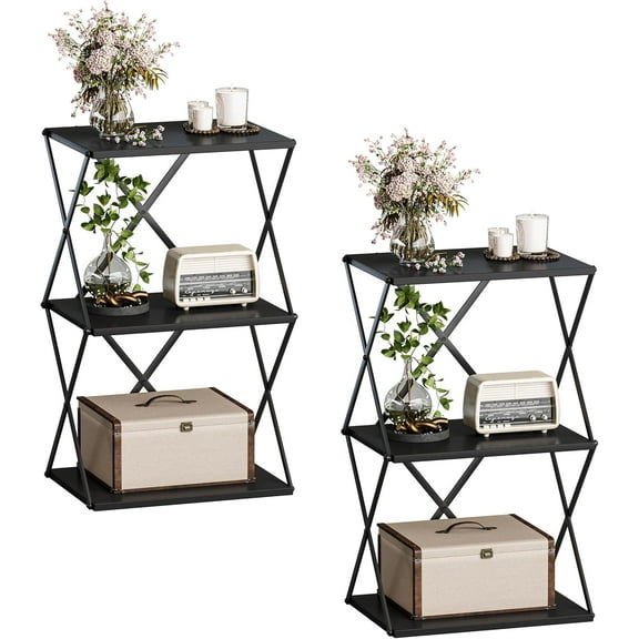 3-Tier End Table Set of 2 Small Side Table Tall Bedside Night Stand with Storage Sofa Side desks for Living Room Bedroom Office Bathroom Small Space, Black