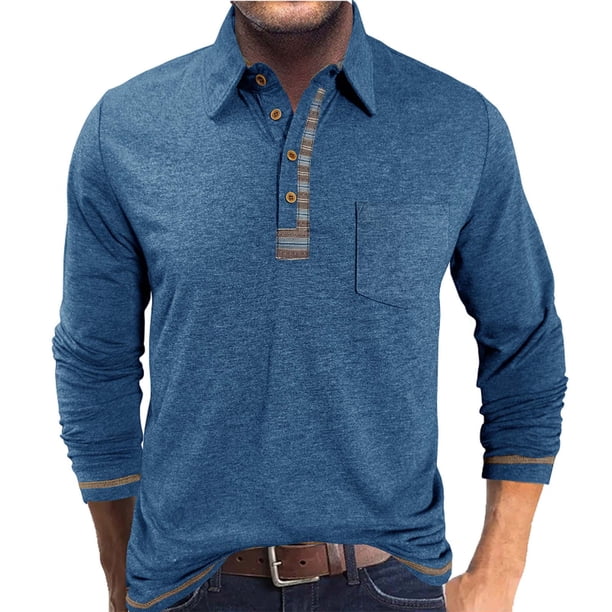 Blusa y camisa de manga larga con cuello vuelto para hombre, informal, a la moda, de color liso, transpirable, de manga larga, con cuello vuelto, de poliéster.