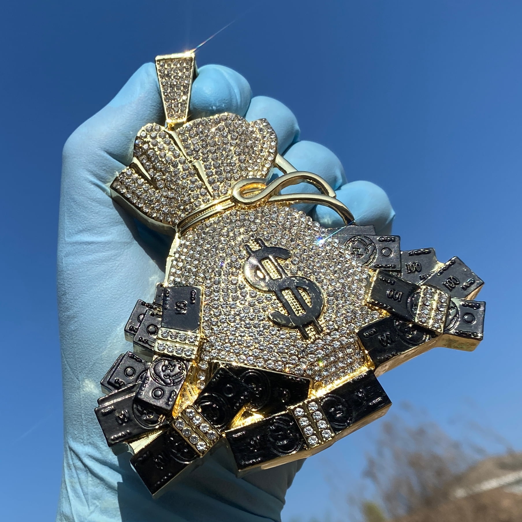 Huge Money Bag Jumbo Hip Hop Pendant Iced 14K Gold Finish Flooded