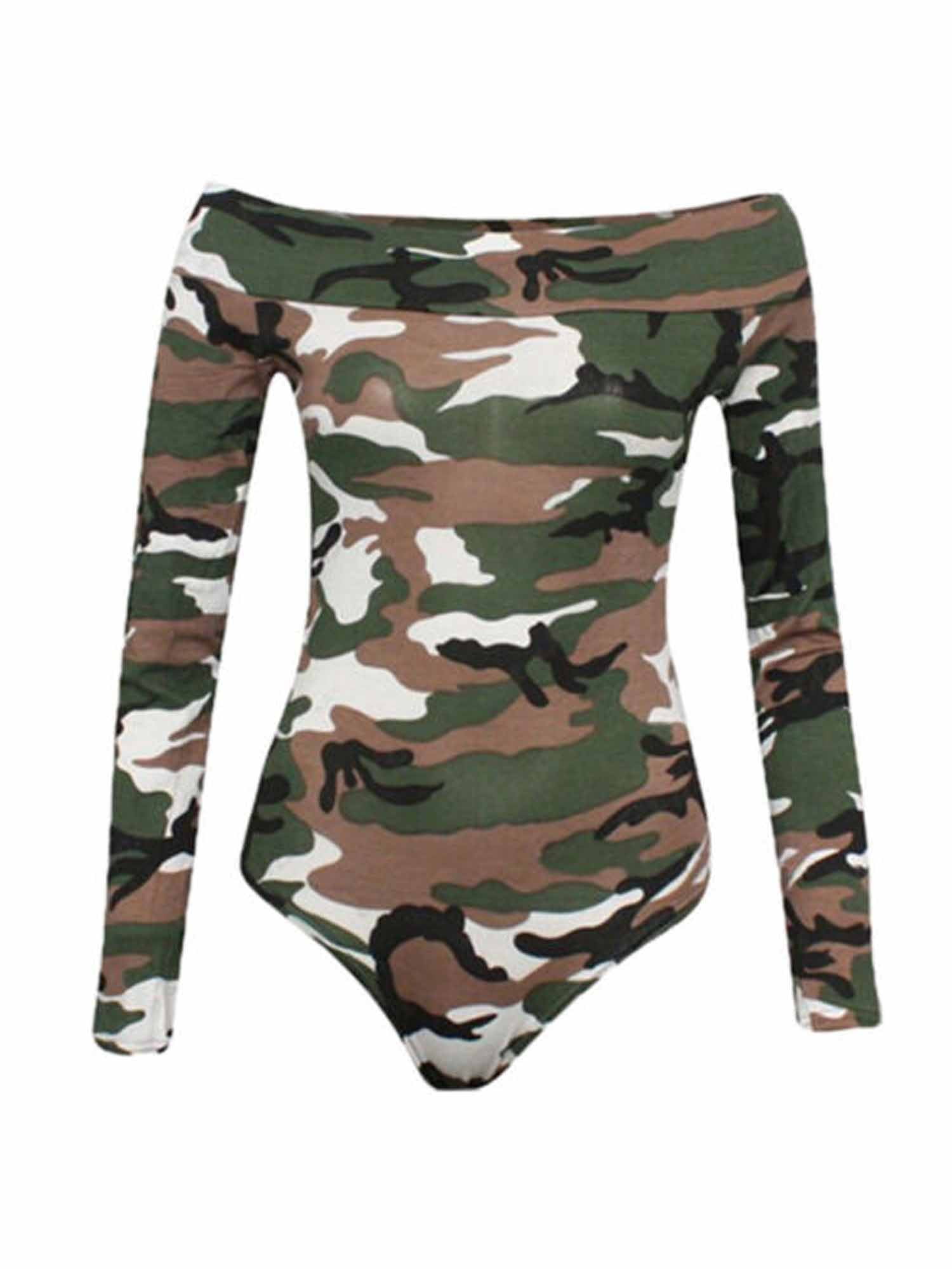 citgeett Fashion Womens Bodysuit Sexy Off Shoulder Camouflage Printed Long Sleeve Bodysuit Top