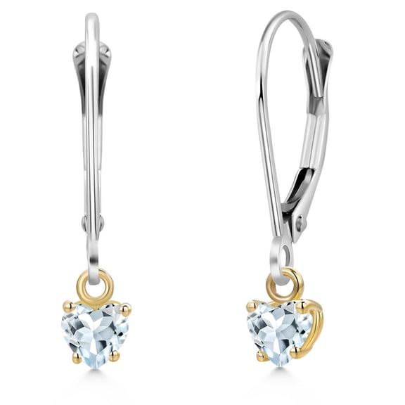 Gem Stone King 925 Silver and 10K Yellow Gold Sky Blue Aquamarine Dangle Earrings for Women | 0.50 Cttw | Gemstone March Birthstone | Heart Shape 4MM