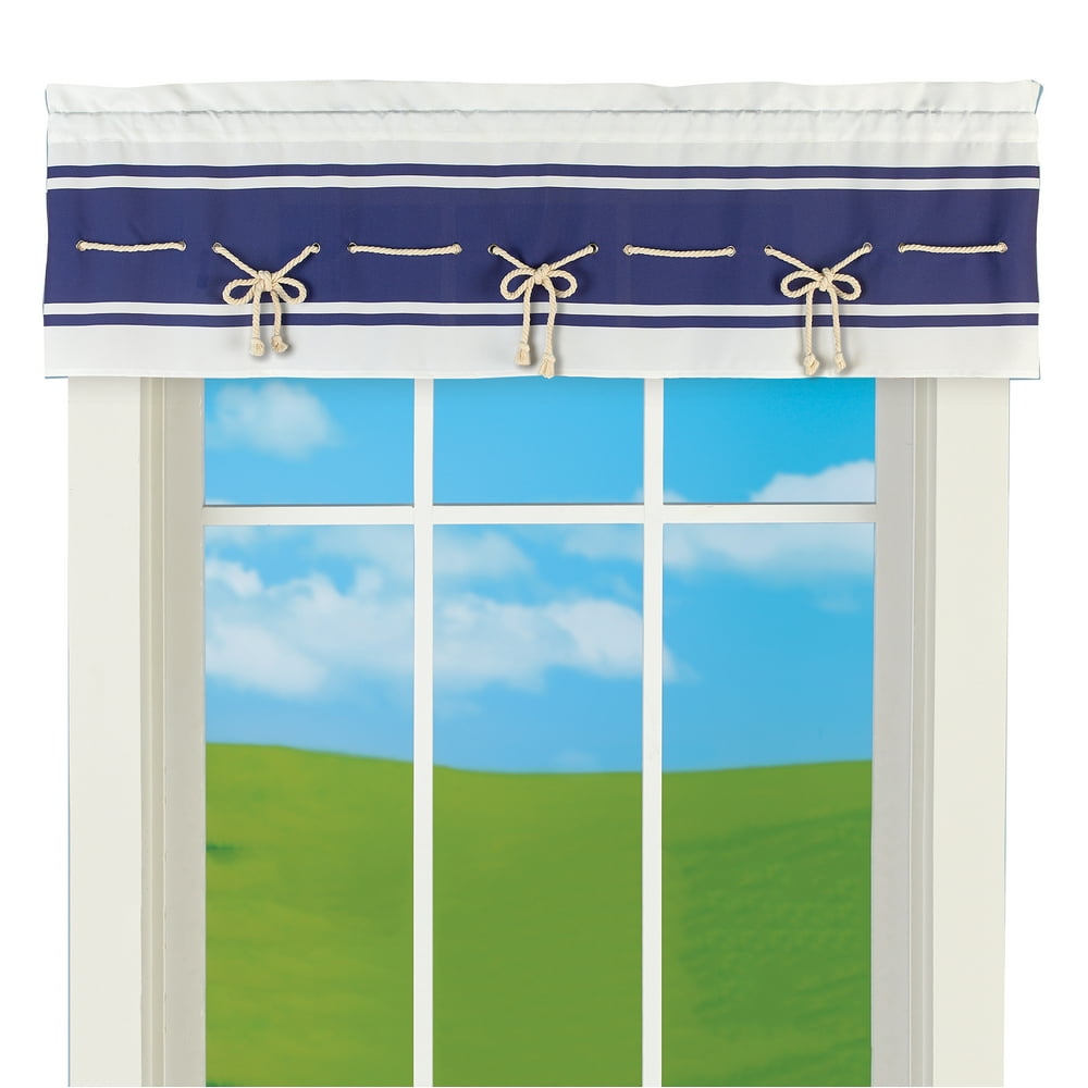 Nautical Knot White Valance with Navy Blue Stripe Rope Weaved Through Center Rod Pocket Top