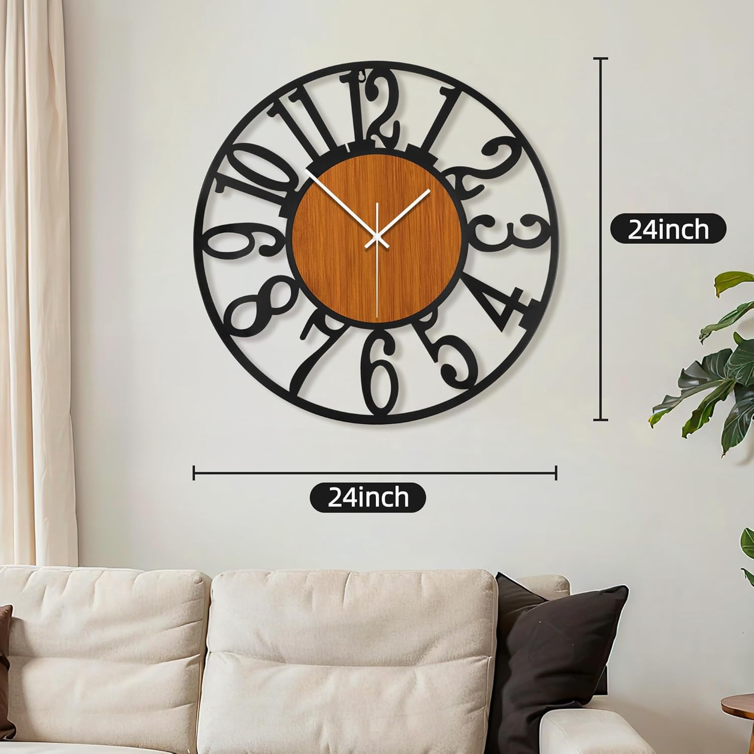 OMA Large Round Wall Clock for Living Room Decor Battery Operated Non Ticking Black Metal Wood Clocks for Home Living Room Garden Office Kitchen Decoration -24 inch