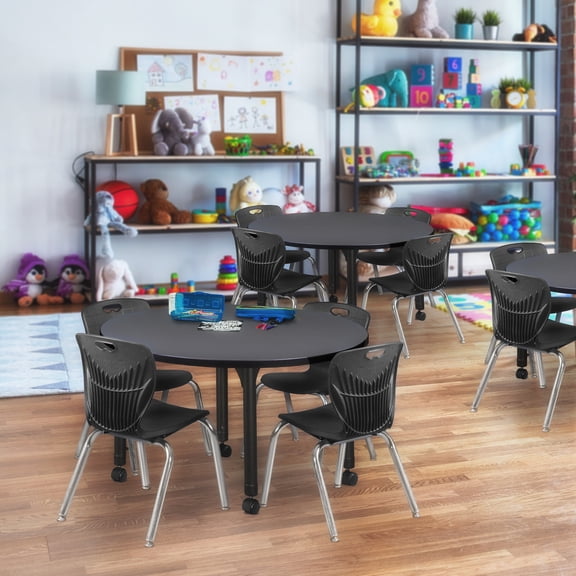 Regency Kee 42" Round Height Adjustable Classroom Table - Grey & 4 Andy 12-in Stack Chairs- Black