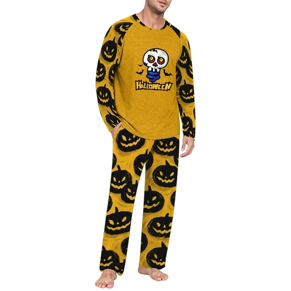 DORKASM Men's Halloween Pajamas Sets 2 Piece Long Sleeve Loungewear | Breathable Pj Shirts & Soft Cozy Halloween Pajama Pants with PocketsPumpkin Graphic Sleepwear Yellow 3XL
