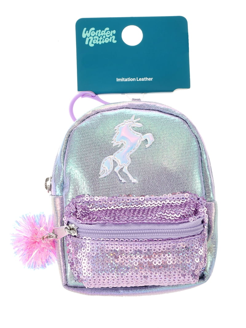 girls holographic unicorn mini backpack size Wonder Nation Mini Backpack Keychain with Pouch, Purple Unicorn, Girls,  Ages 4+