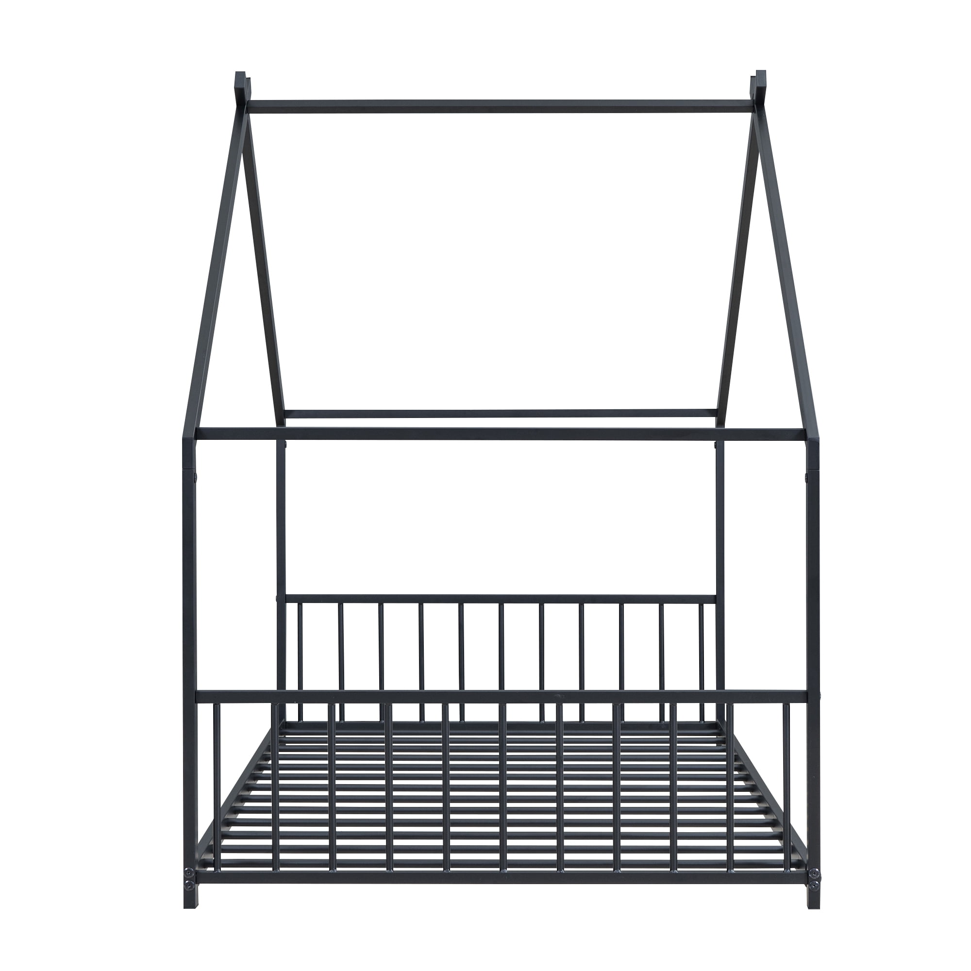 Bellemave Twin Metal House Bed with Headboard and Footboard Montessori House Bed, Metal Floor Bed Frame with Roof, No Box Spring Needed, Black