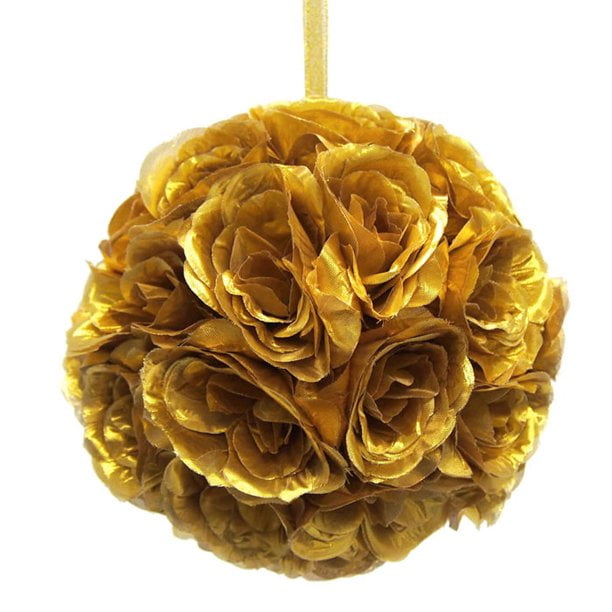 Silk Flower Kissing Balls Wedding Centerpiece, 10Inch, Metallic Gold