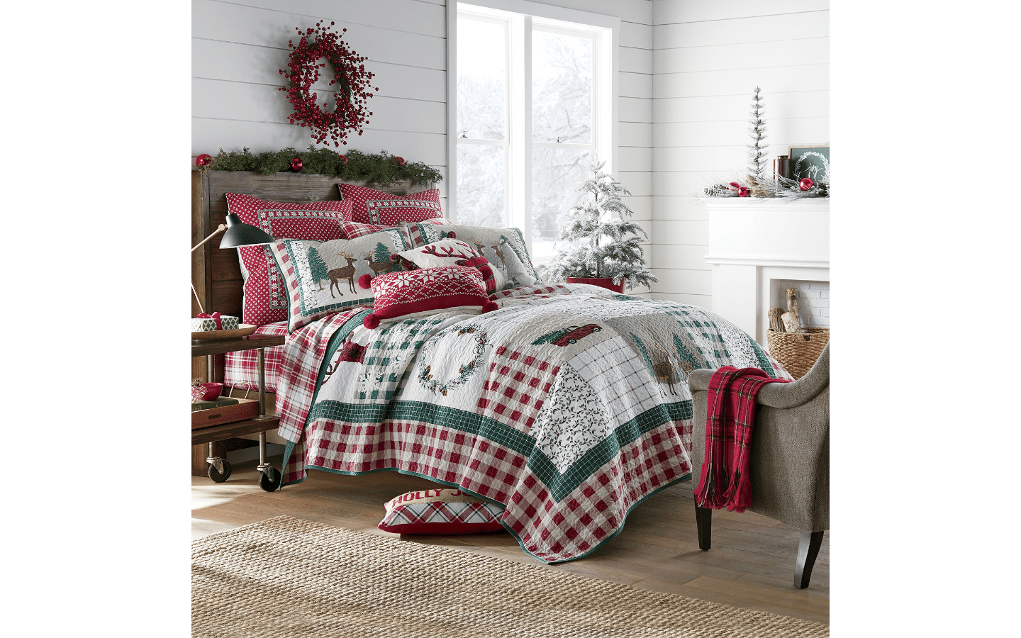 Christmas Farmhouse Patchwork Holidays Reindeer 100 Cotton Twin Quilt