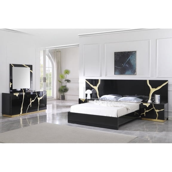 Modern Luxurious 5-Piece California King Bedroom Set, High Gloss Finish Wood Bed Set with Gold Vein Accent, Black