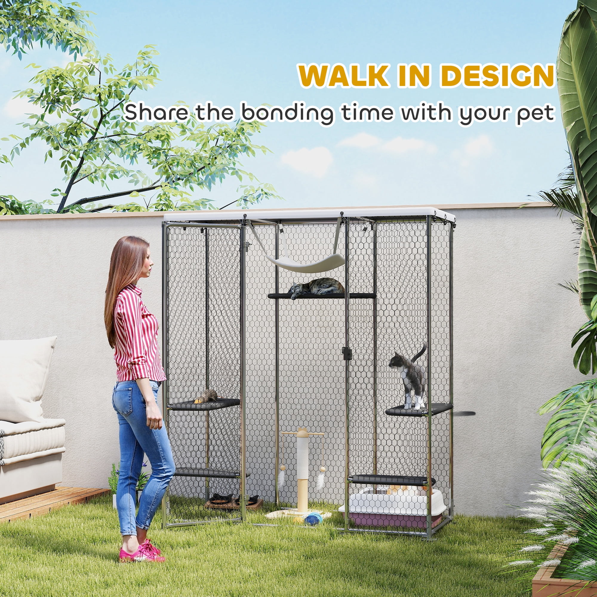 PawHut Large Catio Outdoor Cat Enclosure, Galvanized Steel Walk-in Cat Cage with Waterproof Cover, 5 Adjustable Platforms, Hammock