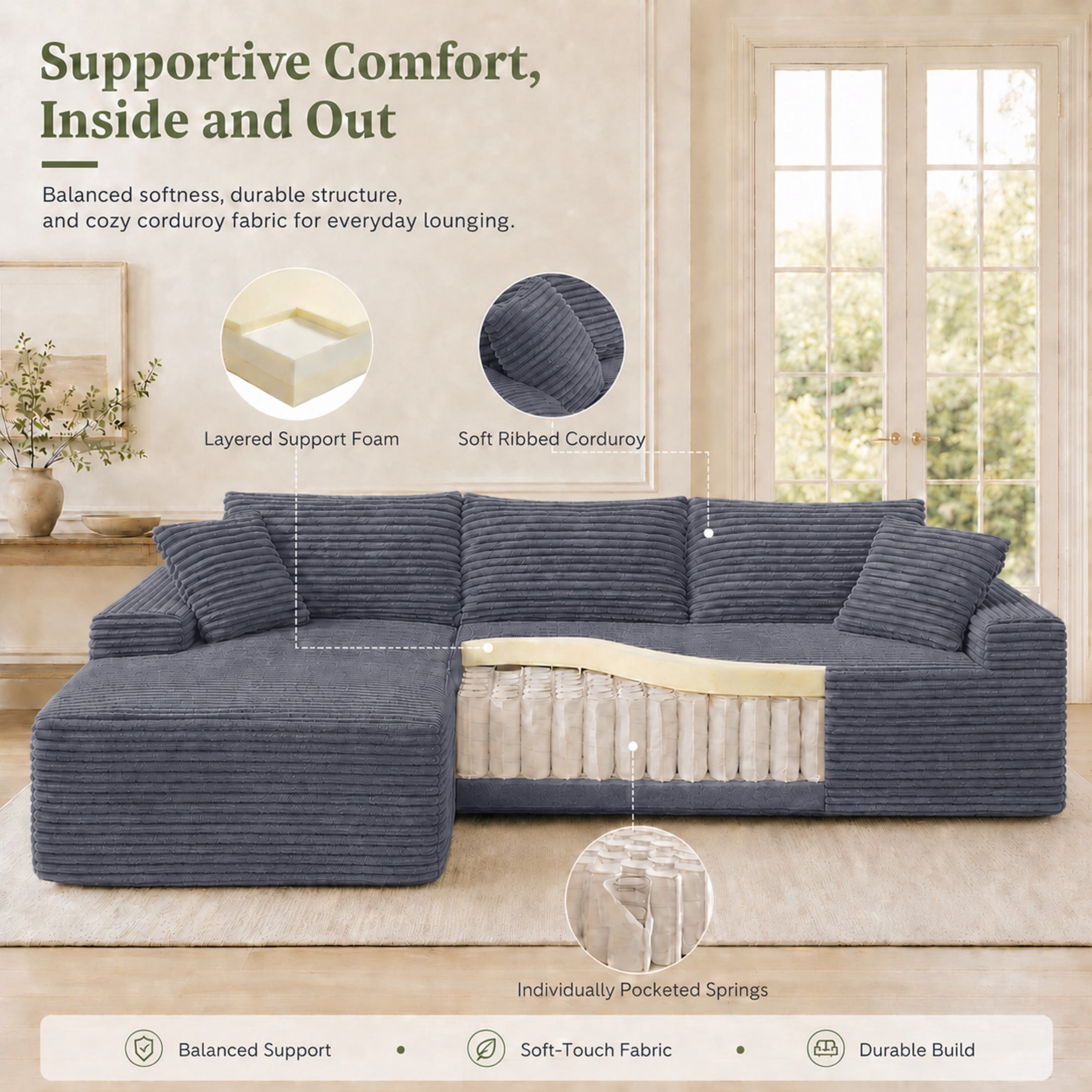 Aenkyo 106 Inch Corduroy L-Shaped Cloud Sectional Sofa with Reversible Chaise, Gray