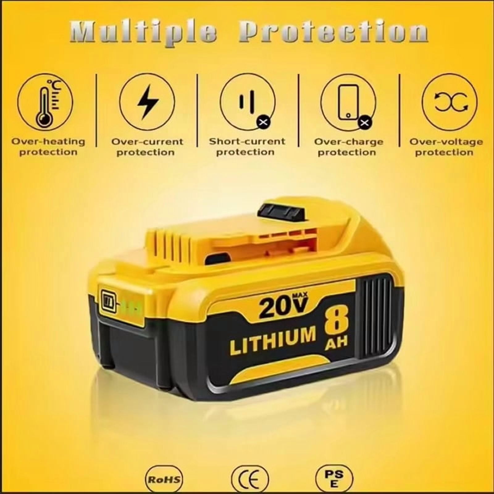 DCB200 8.0Ah Lithium Battery and 1pack 3A charger Withcharger Replacement for Dewalt 20V Battery Max XRCordless Tools DCB180 DCB206 DCB206-2 DCB204 DCB204BT-2 DCB203 DCB201 Wirelesspower t