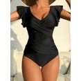 thumbnail image 2 of Dsseng Elegant Black One-Piece Swimsuit with Ruffle V-Neck - High Stretch  Ruched Design  Removable Pads  Machine Washable - Chic Deep V Cut Bathing Suit for Women  Summer Swimwear|Ruffle, 2 of 7