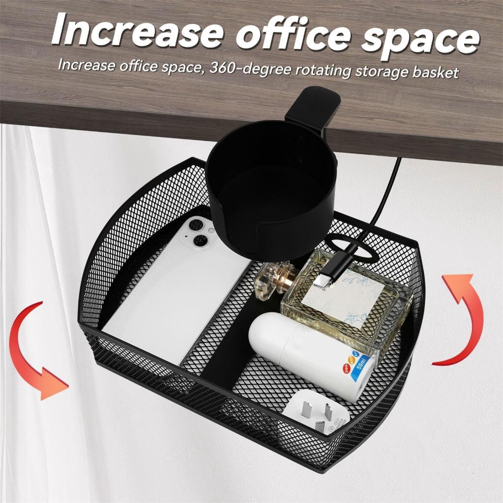 HannLk Office Supplies Holder Under Desk Storage with Rotating Drawer and Cup Holder