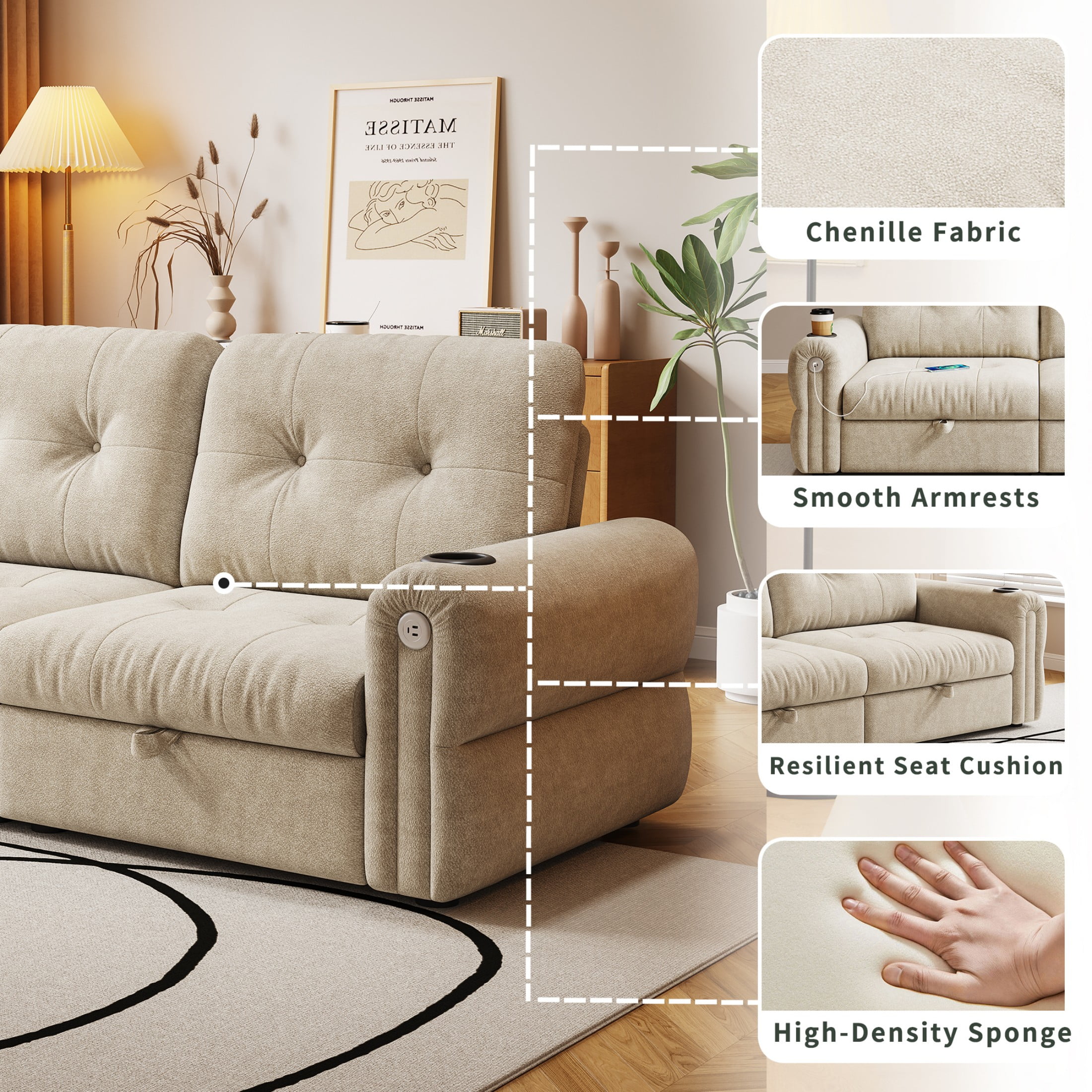 77" Queen Size Sofa Bed, Loveseat Sleeper Sofa with Pull Out Bed and USB, 2 Seater Convertible Small Couch for Living Room Bedroom Apartment (Beige, Chenille)
