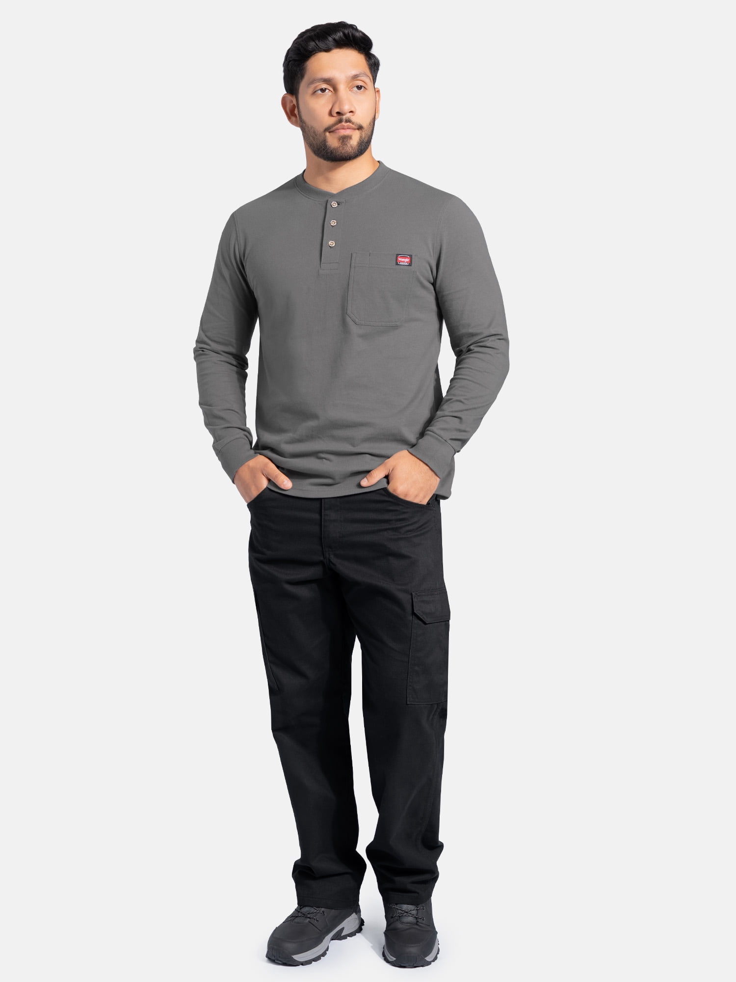 Wrangler Workwear Men's Heavyweight Long Sleeve Henley Pen Pocket Shirt, Size S-3XL