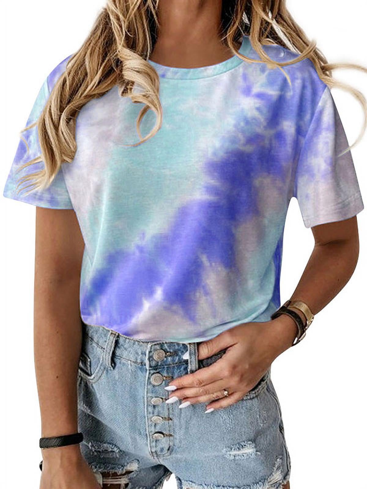 Women Tie-dye Printed Short Sleeves Color Block Top - Walmart.com