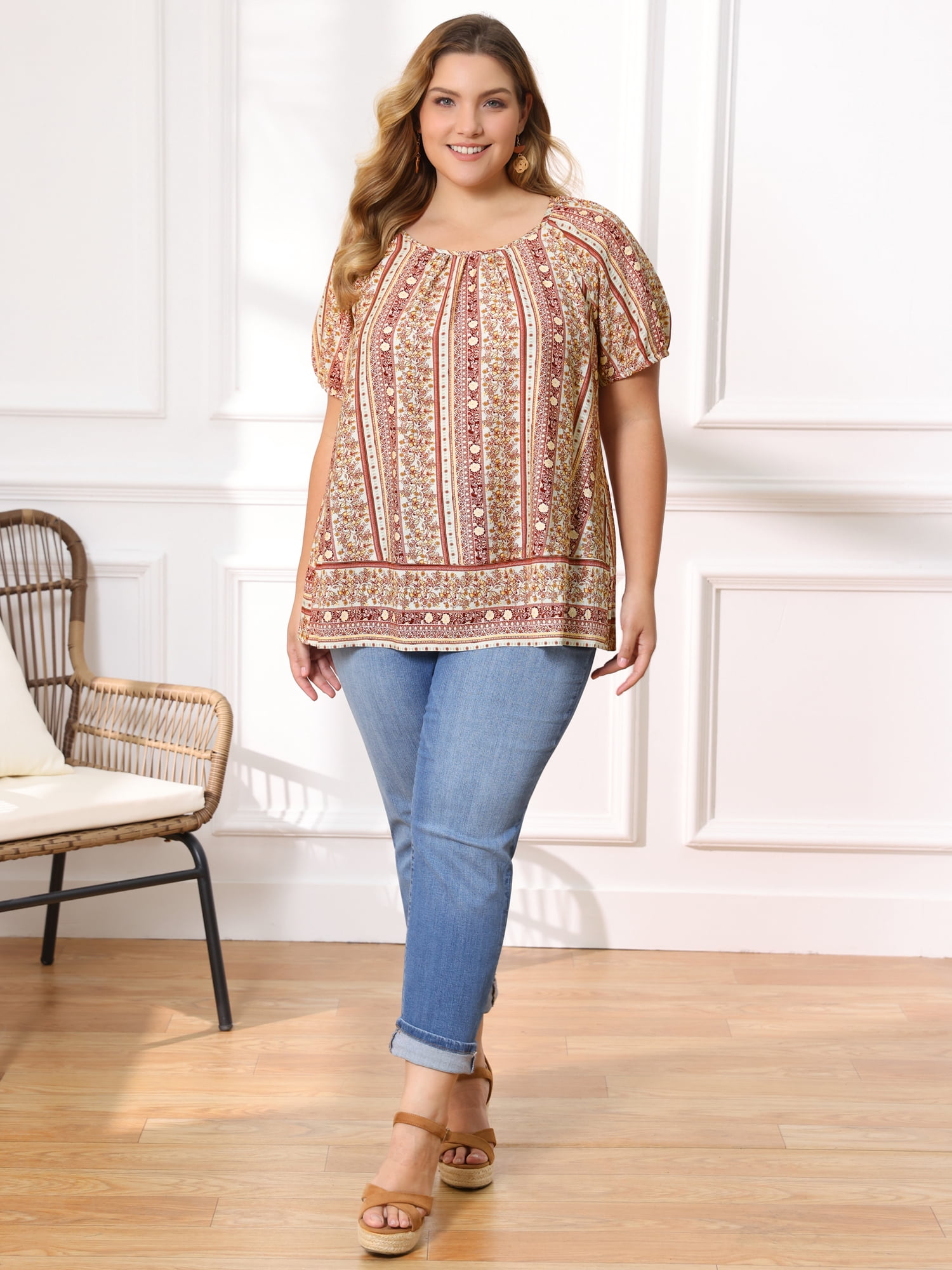 DARING DIVA Women's Plus Boho Floral Round Neck Puff Sleeve Blouse 3X Dark Red