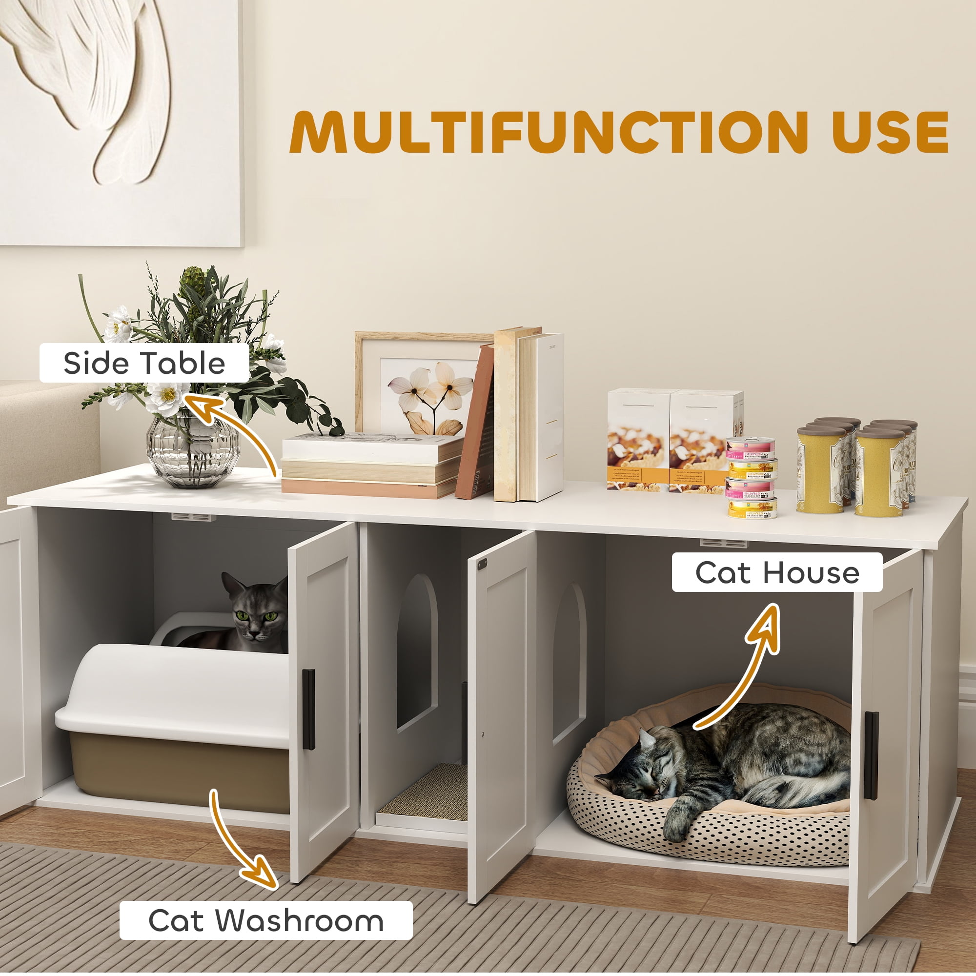 PawHut Cat Litter Box Enclosure for 2 Cats, Cat Washroom Furniture with Double Room, Scratching Mat, 57" x 19" x 20", White