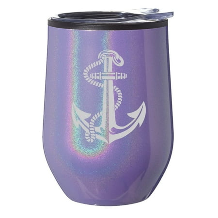 

Stemless Wine Tumbler Coffee Travel Mug Glass With Lid Gift Anchor With Rope (Purple Glitter)