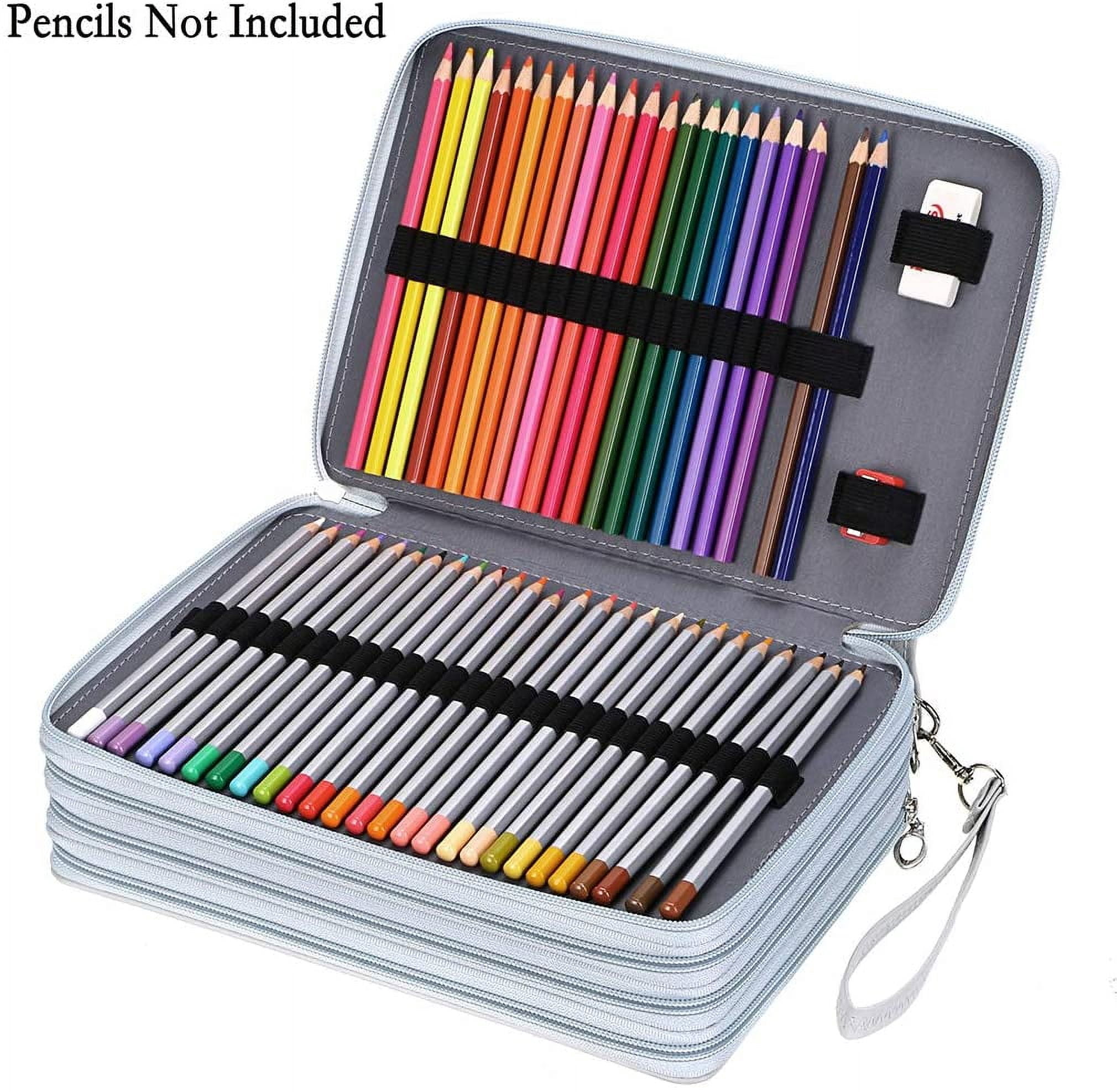 200 Slots Colored Pencil Organizer - Deluxe PU Leather Pencil Case Holder With Removal Handle Strap Pencil Box Large for Colored Pencils Watercolor Pencils Grey