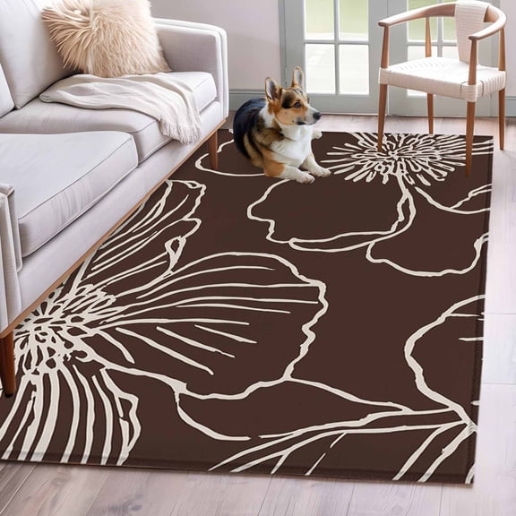 Area Rug for Living Room, Brown Flowers Non-Slip Indoor Large Carpet for Bedroom/Dining Room, Spring Floral Botanical Modern Art Washable Low-Profile Rectangle Floor Runner Rugs - 4 x 6 Ft