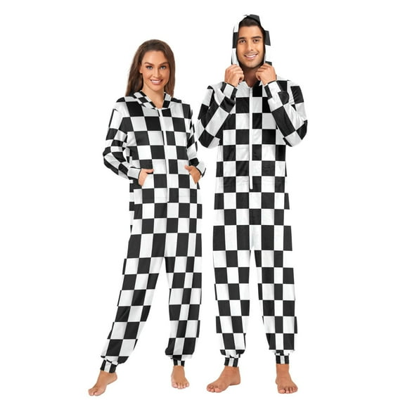 Adult Christmas Onesie Square Black and White Grid Adult Zipper One-Piece Pajamas Unisex Pajamas with Pockets