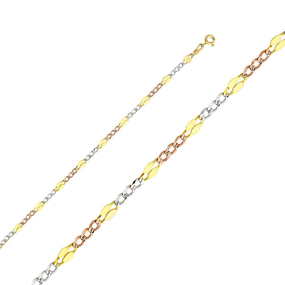 14K Solid Gold 3.7mm Tricolor Stamped Figaro Chain Spring Clasp