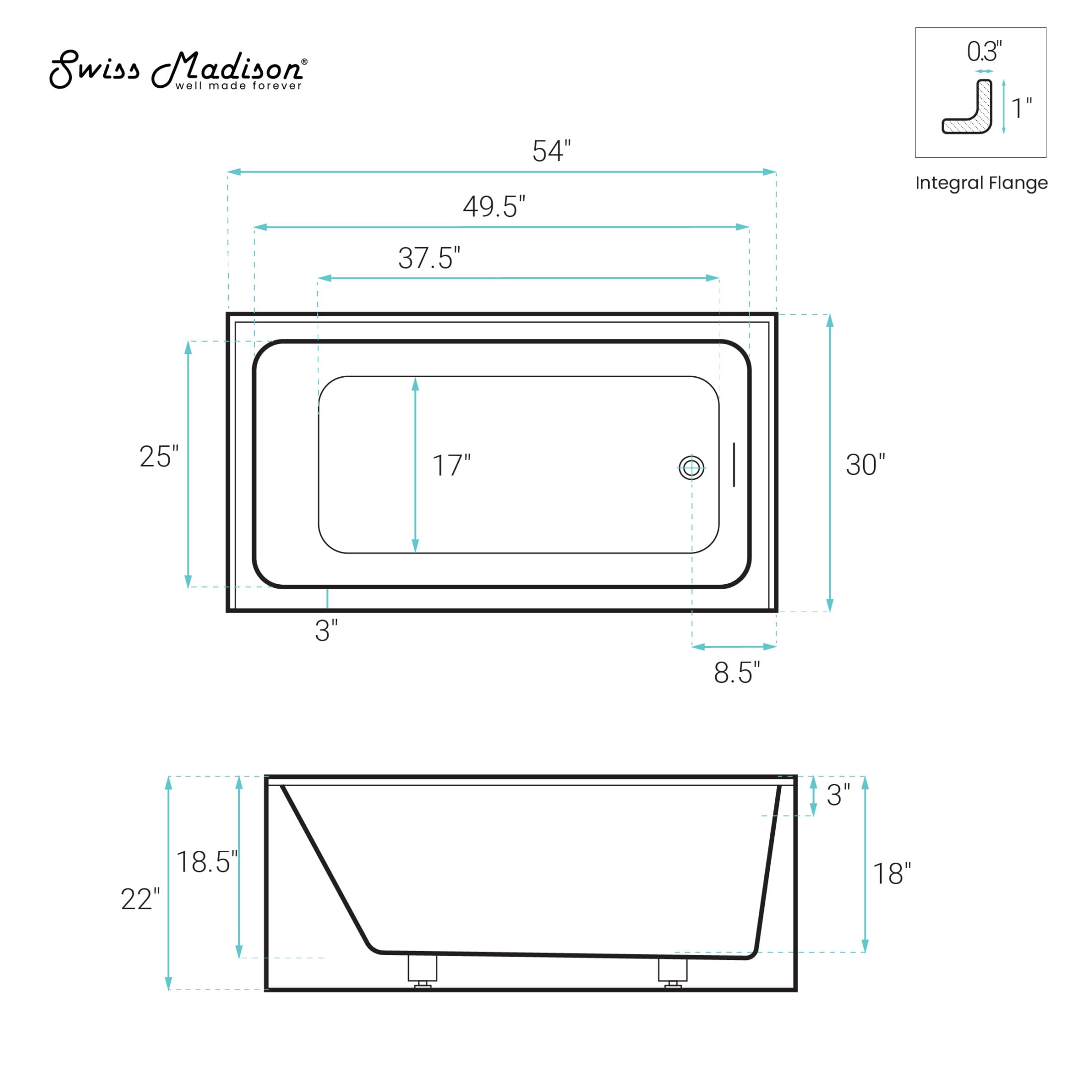 Voltaire 54 x 30 Skirted Right Drain Soaking Apron Bathtub in Glossy White with Integrated Overflow, Drain Included