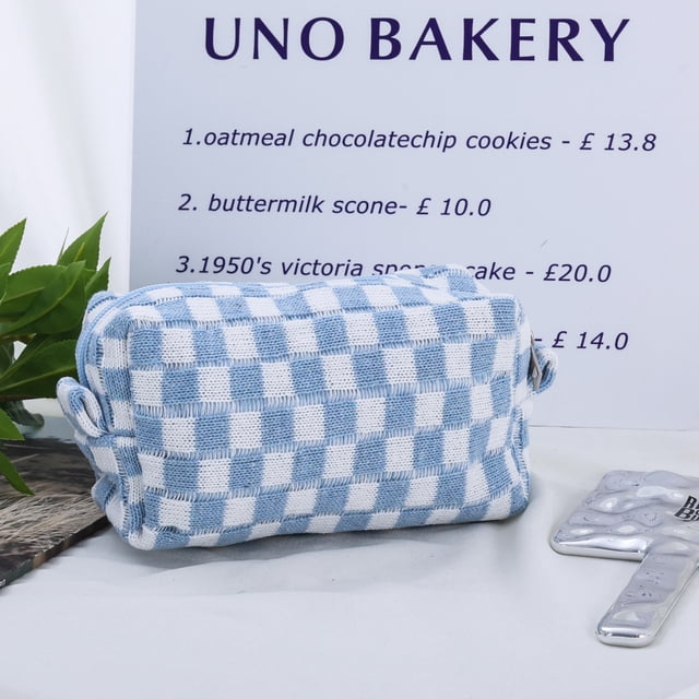 Bolsa de cosméticos de punto con diseño de tablero de ajedrez, bolsa de almacenamiento de lana de colores en contraste, bolsa de lavado, bolsa de archivo portátil de gran capacidad, estuche para