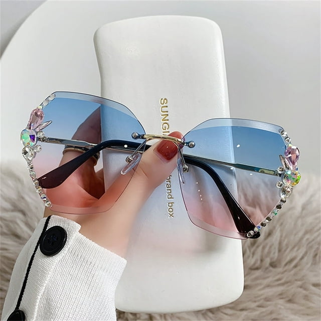 EIMELI Lunettes de Soleil Sans Monture Femmes Teintes Protection UV400 Lunettes de Soleil Vintage Sans Monture Lunettes de Soleil Dégradé Sans Monture Lunettes Rétro à Strass pour Activité Extérieure