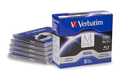 Verbatim 98913 M-Disc BDXL 100GB 4X with Branded Surface – 5pk Jewel Case Box, Blue