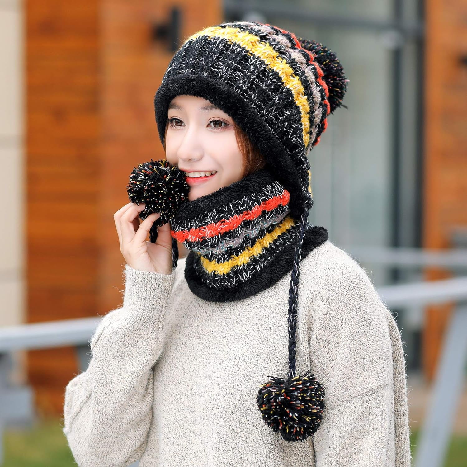 Zhengup Women Winter Beanie Hat Circle Scarf Set Pompoms Peruvian Ski Snow Ear Flaps Sherpa Knit Hats Fleece Lined,S to M Size Head