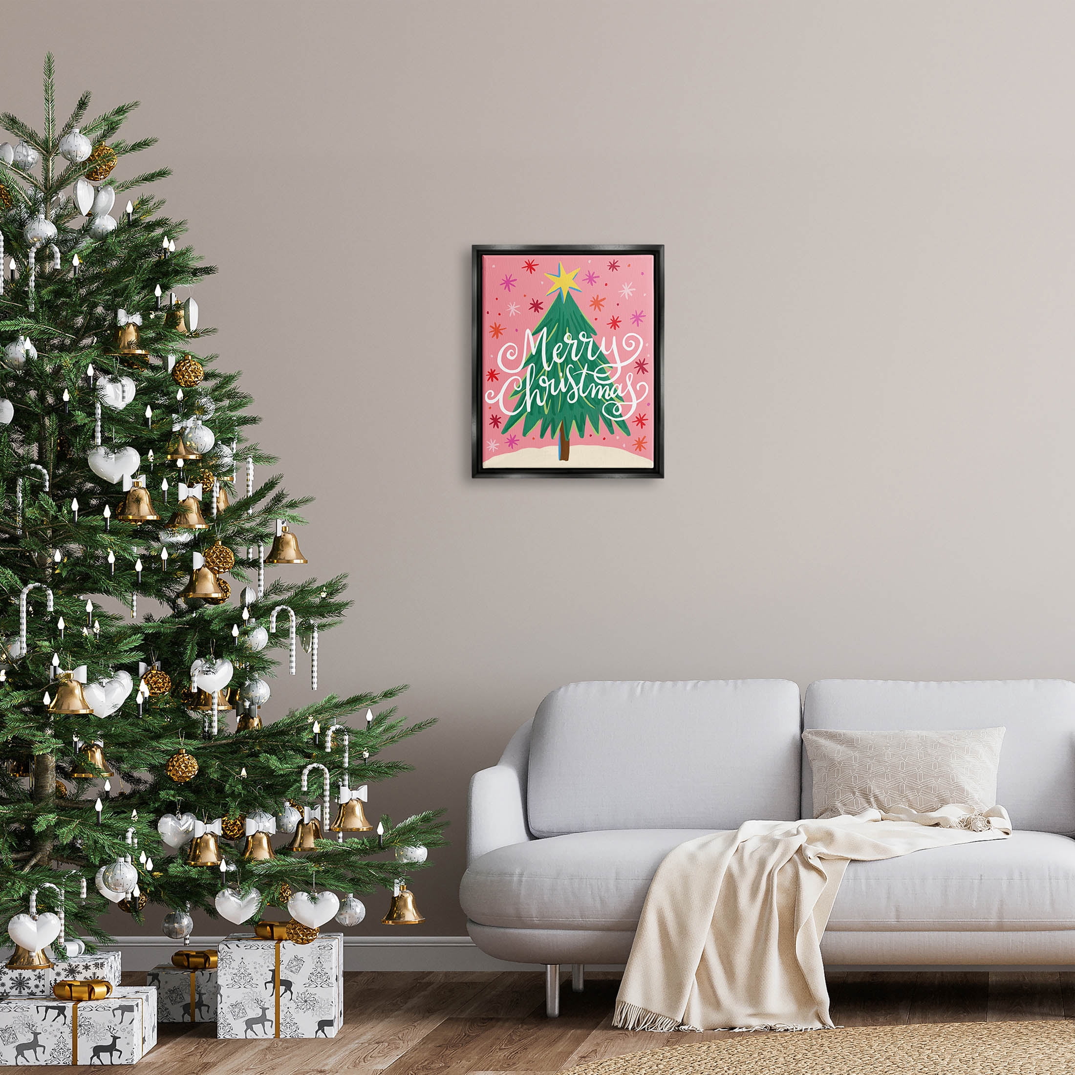 Merry Christmas Pink Starry Pattern Holiday Graphic Art Jet Black Framed Art Print Wall Art