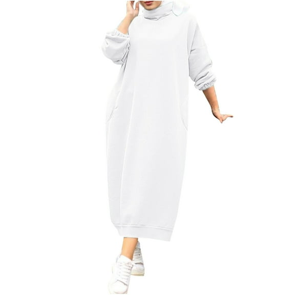 Solid Color High Neck Sweatshirt Dress for Women Long Sleeve Straight Dress with Pockets 2024 Fashion Loose-Fit Casual Dresses