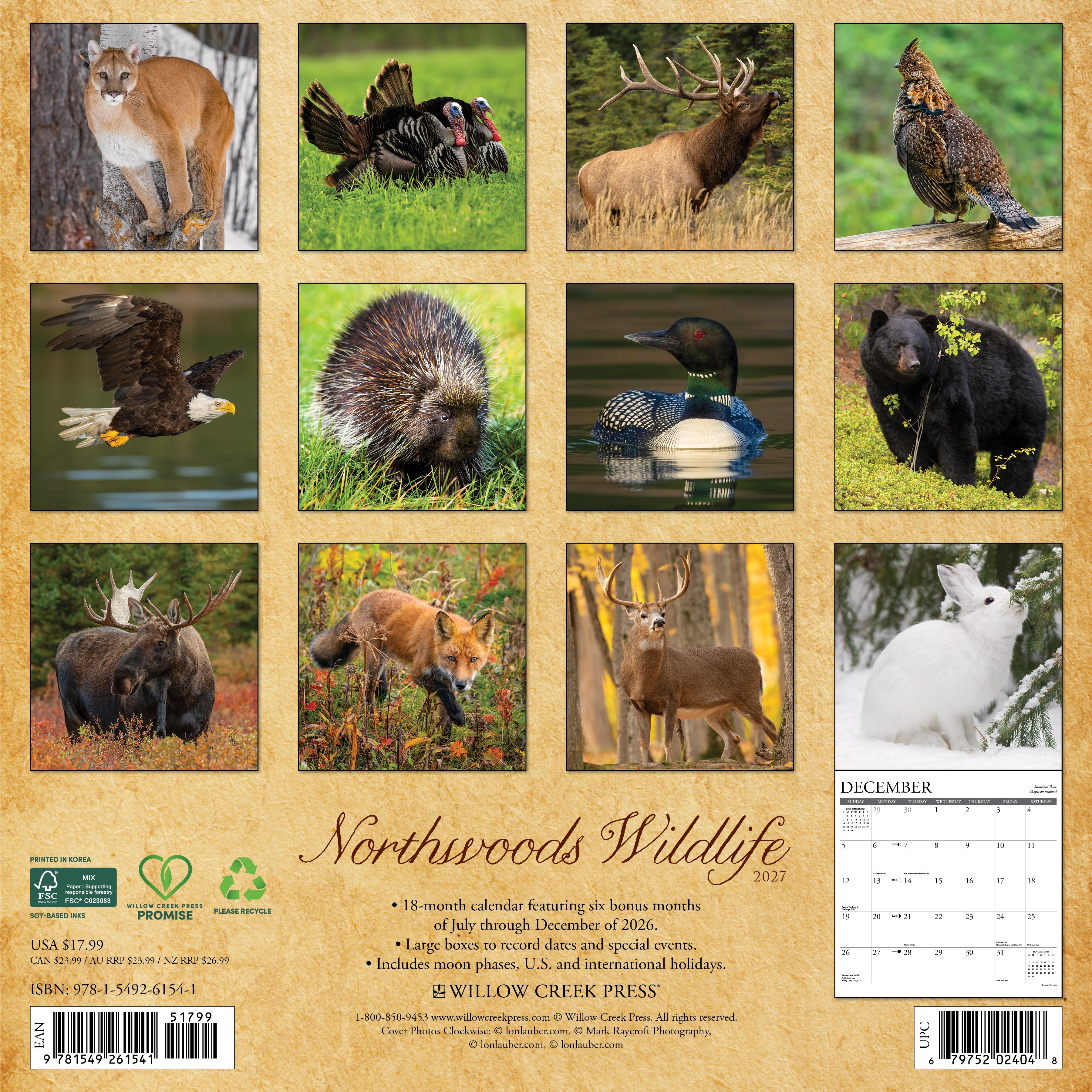 Willow Creek Press, Northwoods Wildlife 2027 Wall Calendar