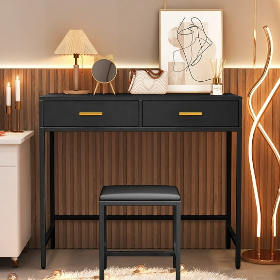 Yamissi Modern Vanity Table Set and Stool, Two Drawers Desk for Bedroom, Computer Desk for Women, Black