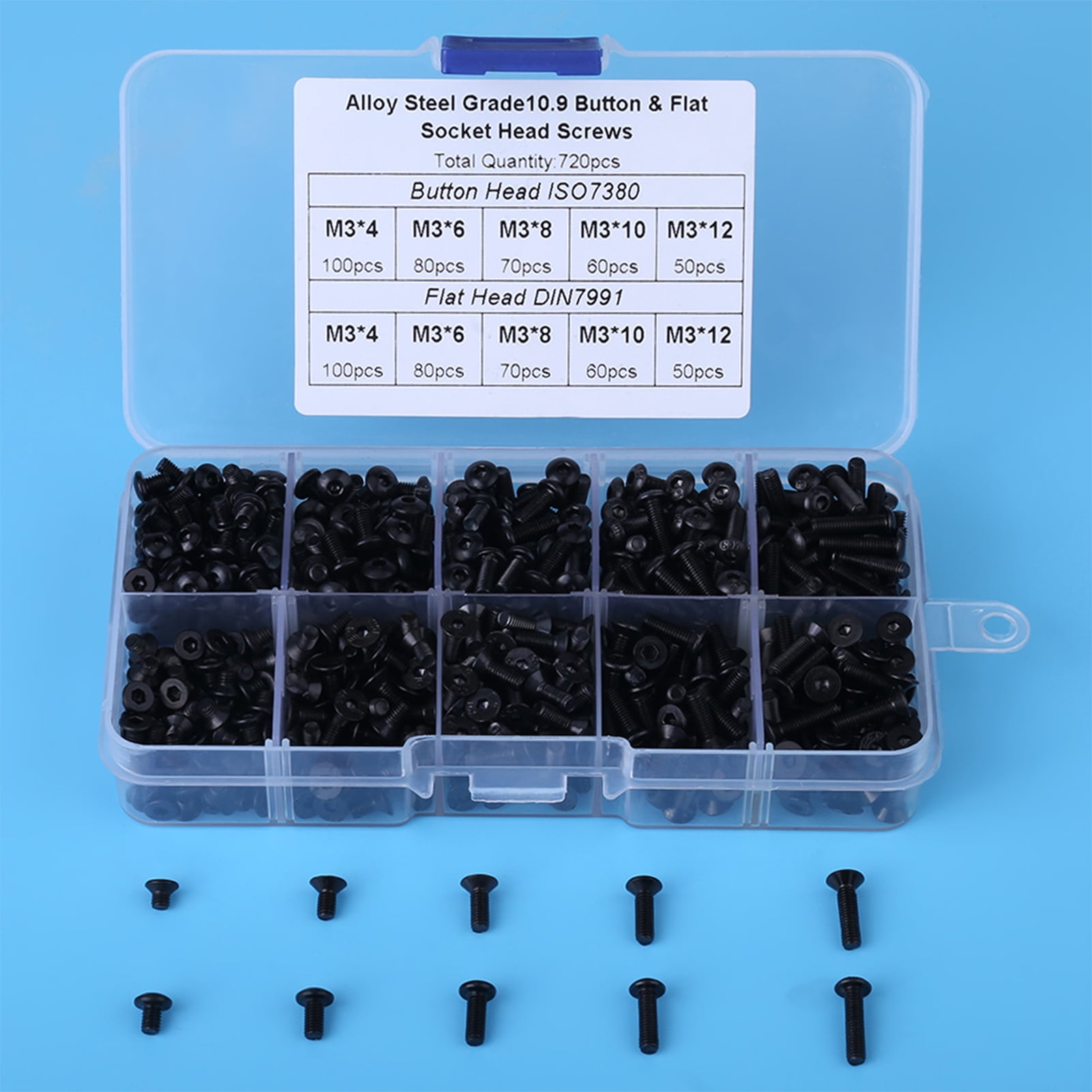 Corrosion,Resistant Hex/Flat Head Screw Set , Organized in Plastic Box, M3