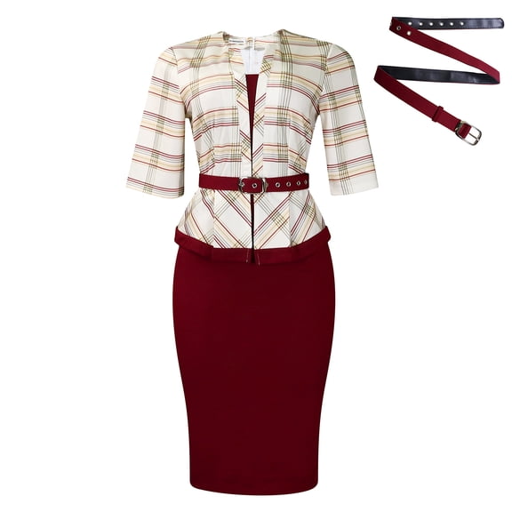 AURA Plus Women Elegant High Waist Pencil Dress V Neck Printed Midi Bodycon Office Work Dress with Belt