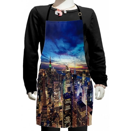 

City Kids Apron Empire State and Skyscrapers of Midtown Manhattan New York Aerial View at Dusk Boys Girls Apron Bib with Adjustable Ties for Cooking Baking Painting Tan Navy Blue Aqua by Ambesonne