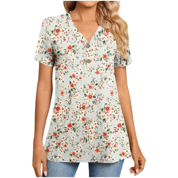JTZGDY Henley Tops for Women Dressy Casual Summer Boho Floral Pattern Printed Short Sleeve Button V Neck Graphic T-Shirts Loose Oversized Tunic Blouse Beige#01 M