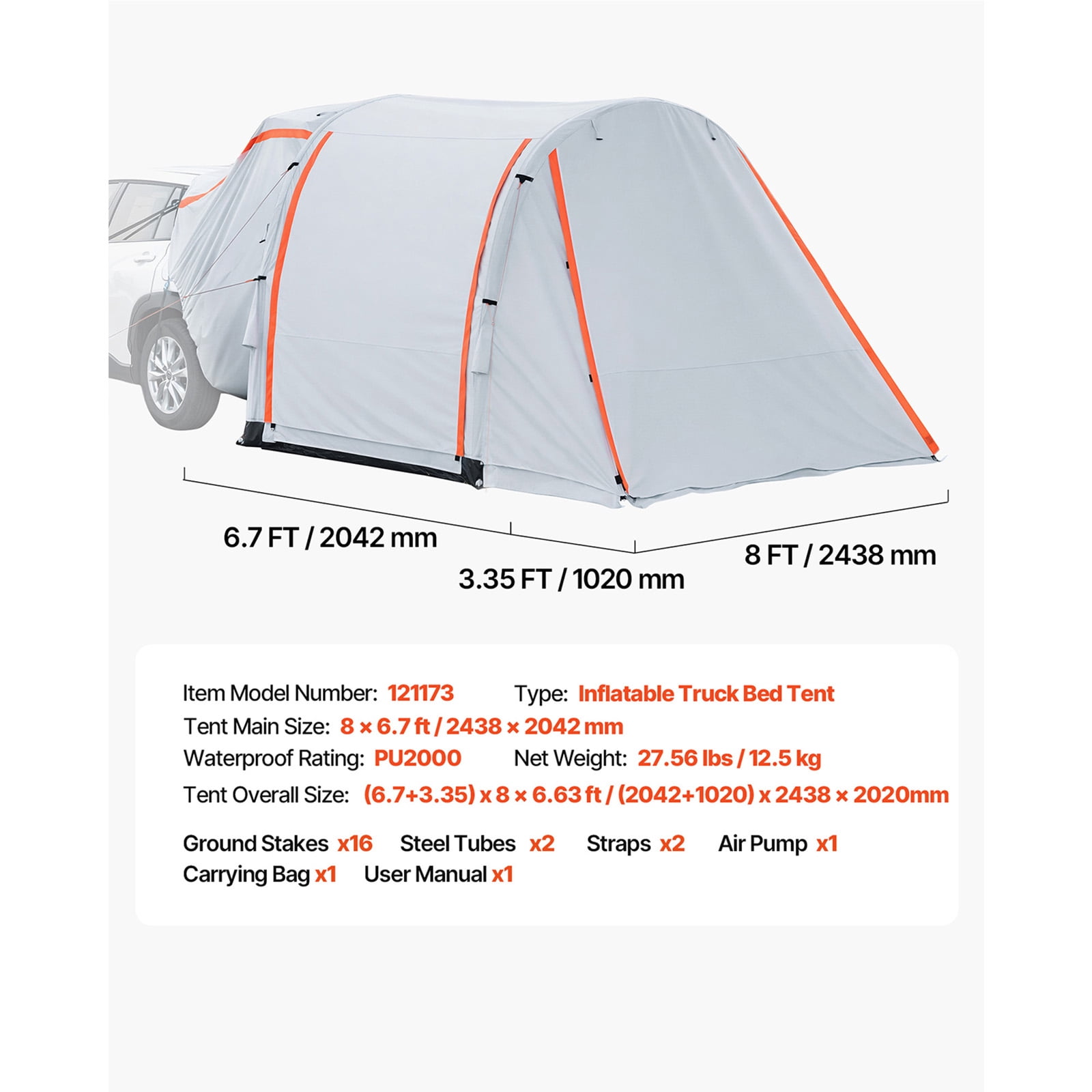KFFKFF Inflatable SUV Tent with Awning, 8 x 6.7 ft 3-Season Tailgate Tent with Ventilated Doors & Mesh Window, PU2000mm Waterproof Rear Hatch Tent for Camping - Includes Air Pump