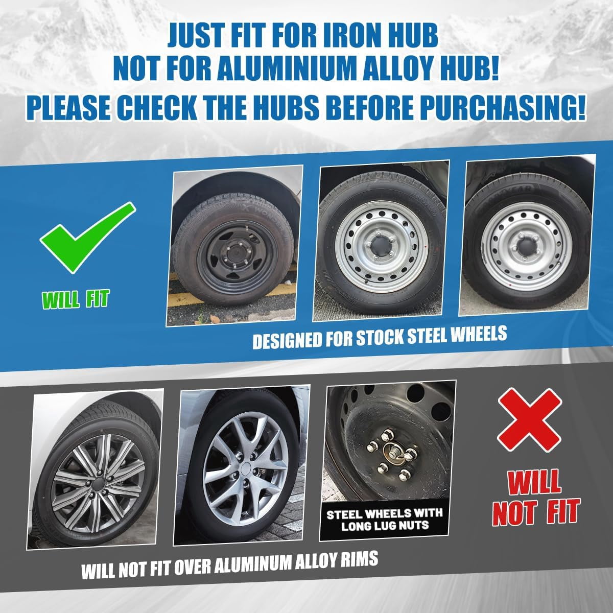 4Pcs Set 16" Universal Hubcaps Wheel Rim Covers for Steel Wheels,Snap on Installation,Black Matte