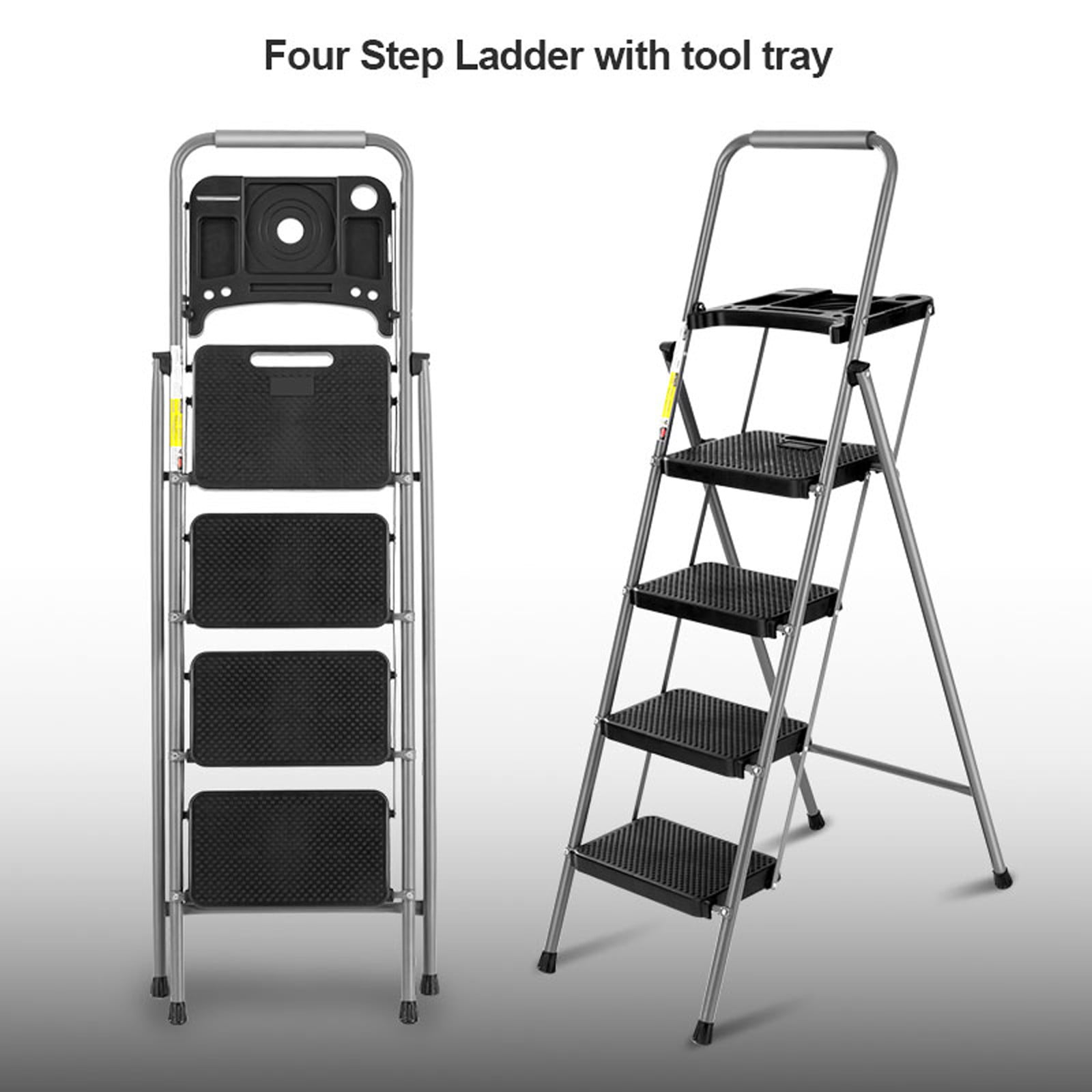 Steel 4 Step Folding Ladder Stool Tool Platform Tray Wide Anti-Slip Pedal 330lbs 