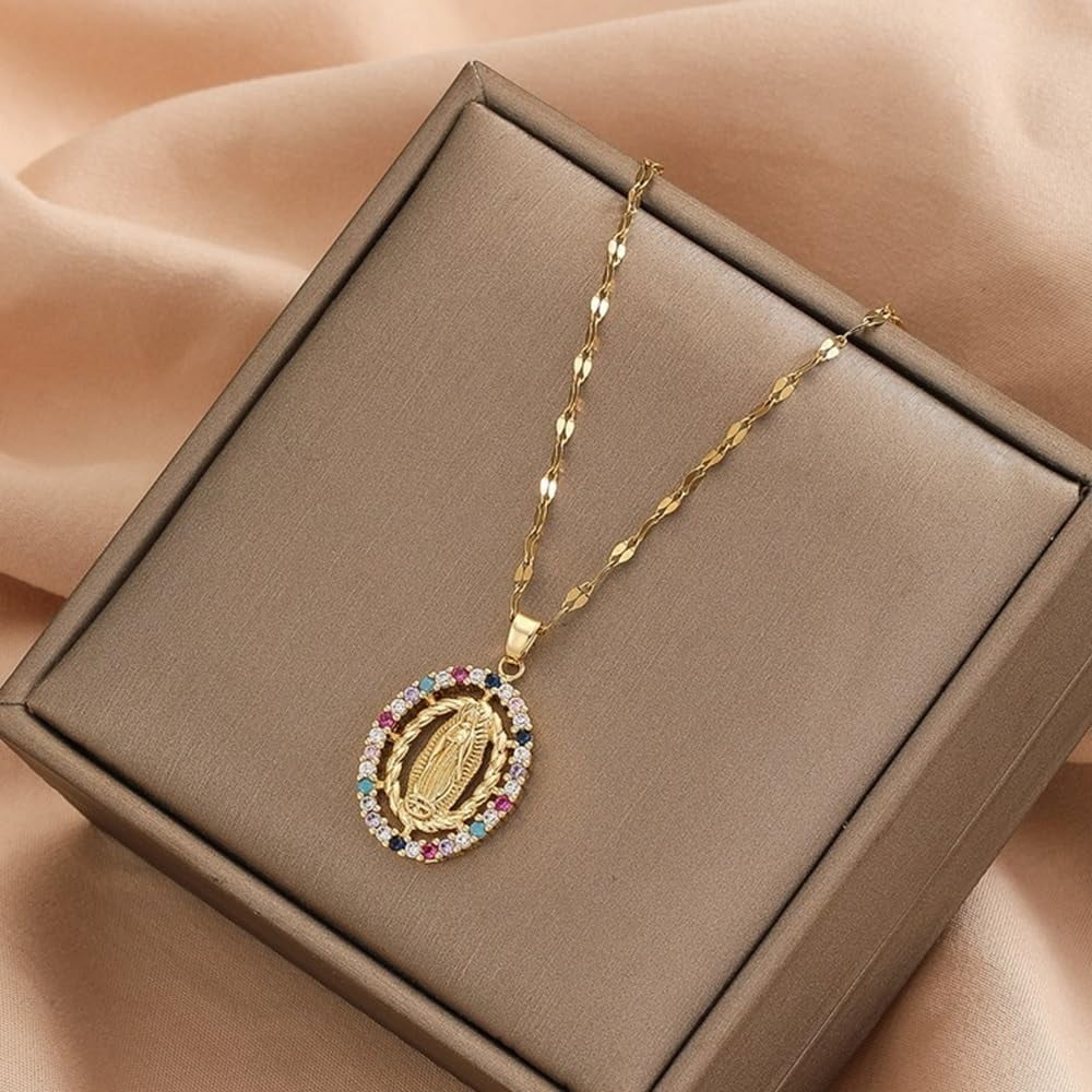 Virgin Mary Gold Plated Miraculous Medal Cubic Zirconia Necklaces