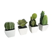 K-Cliffs Artificial Mini Succulent 3 to 5 Cactus in White Ceramic Cube Pot 4pcs Set,Ball Cactus - 2.25 W X 3.25 H X 2.25 D; Fairy Castle Cactus - 2.25 W X 5 H X 2.25 D; Prickly Pear Cactus - 2.2